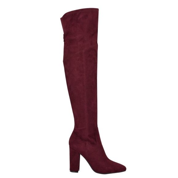 GUESS Maroon BOOTS FAUX SUEDE Sz. 8M DARK RED Burgundy Over-the-Knee 4" heel - Picture 1 of 16